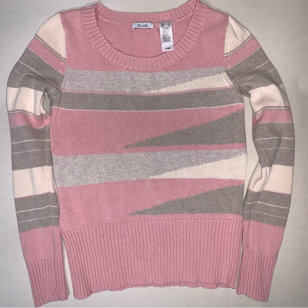 Liz And Co Vintage Sweater  Women's Pink Cream And Gray Striped Knit Small